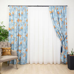 Hiko Set 3 piese, draperii Hiko Nostalgie Leaf bumbac albastru si o perdea din voal, cu rejansa (10005213)