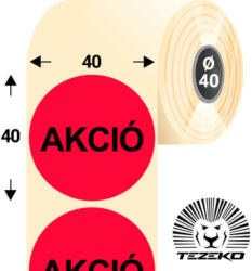 Tezeko 40 mm-es kör, papír címke, fluo piros színű, Akció felirattal (1000 címke/tekercs) (P0400004000-032) - etikett-cimke-shop