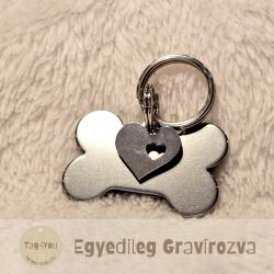 Csont alakú ezüst színű kutyabiléta S, ezüst színű szívvel (ROEZKCSM5)