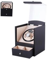  Óraforgató doboz, 2 db karórához, kívül fekete műbőr borítás, 2 db kihúzható tárolóval, belül krém színű textil (5945-5)