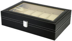  Óratartó doboz, 12 rekeszes, kívül fekete műbőr borítás, belül krém színű textil (5947-8)