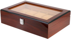  Óra tartó doboz, 10 rekeszes, barna fa mintázatú lakkozott külső felület, bézs színű belső (5916-7)