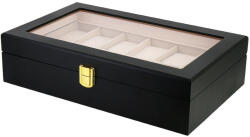  Óratartó doboz, 12 db karórához, kívül fekete színű festett fa felület, belül krém színű textil borítás (5947-3)