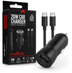MaxLife szivargyújtós töltő adapter USB + Type-C bemenettel + Type-C - Type-C kábel - 20W - Maxlife MXCC-04-20WAC PD3.0 + QC3.0 Car Charger - fekete - nextelshop
