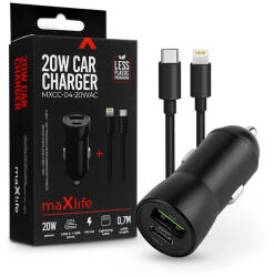MaxLife szivargyújtós töltő adapter USB + Type-C bemenettel + Type-C - Lightningkábel - 20W - Maxlife MXCC-04-20WAC PD3.0 + QC3.0 Car Charger - fekete - nextelshop