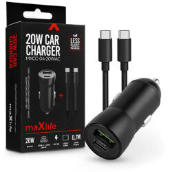 MaxLife szivargyújtós töltő adapter USB + Type-C bemenettel + Type-C - Type-C kábel - 20W - Maxlife MXCC-04-20WAC PD3.0 + QC3.0 Car Charger - fekete - rexdigital