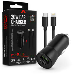 MaxLife szivargyújtós töltő adapter USB + Type-C bemenettel + Type-C - Lightningkábel - 20W - Maxlife MXCC-04-20WAC PD3.0 + QC3.0 Car Charger - fekete - rexdigital