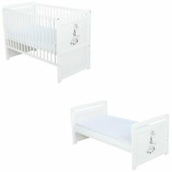 BabyNeeds Patut din lemn bebe, Transformabil si pentru junior, 120x60 cm, Multifunctional, Din lemn de pin si mdf, Stabil si rezistent, Inaltime saltea reglabila pe 3 nivele, Laterala cu 3 bete detasabile, EN71