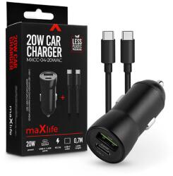 MaxLife szivargyújtós töltő adapter USB + Type-C bemenettel + Type-C - Type-C kábel - 20W - Maxlife MXCC-04-20WAC PD3.0 + QC3.0 Car Charger - fekete (ML269393) (ML269393)