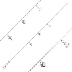 Ekszer Eshop 925 Ezüst karkötő - ovális láncszemek, medálok - SZÍV, HORGONY, KERESZT