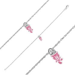 Ekszer Eshop 925 ezüst karkötő - maci rózsaszín fénymázzal díszítve, fényes lánc