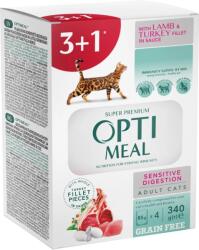 Optimeal Optimeal, Hrana pisici cu sensibilitate digestiva, cu miel si curcan in sos (3+1), 0.34kg