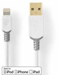 Nedis Cablu Lightning | USB 2.0 | Apple Lightning, 8 pini | Mufa USB-A | 480 Mbps | Placat cu aur | 3.00 m | Rotund | PVC | Alb / Gri | Cutie (CCBW39300WT30)