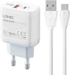 LDNIO USB/USB-C PD + QC 3.0 hálózati töltő 22.5W A2421C + MicroUsb kábel - Fehér (A2421C Micro)