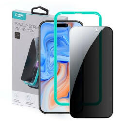 Apple iPhone 15 / 16, Kijelzővédő fólia, ütésálló fólia (az íves részre is! ), Tempered Glass (edzett üveg), segéd kerettel, betekintés elleni védelem, ESR Privacy, fekete