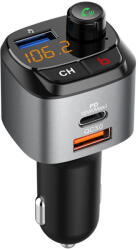 Bluetooth FM Transmitter, szivargyújtós autós töltő 1x USB, 1x USB QC3.0, 1x USB Type-C PD18W (C68)