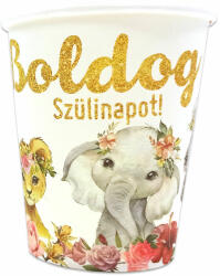 Boldog szülinapot állatos-virágos papír pohár 250ml, 6db-os