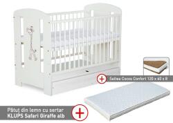 Klups Patut cu sertar KLUPS Safari Giraffe Alb + Saltea 8 Confort II (00009572)