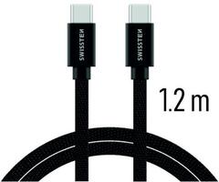 SWISSTEN adat- és töltőkábel textil bevonattal, USB-C-USB-C 1, 2 m, fekete (71527201)