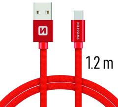 SWISSTEN adat- és töltőkábel textil bevonattal, USB-USB-C, 1, 2 m, piros (71521206)