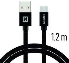 SWISSTEN adat- és töltőkábel textil bevonattal, USB-USB-C, 1, 2 m, fekete (71521201)