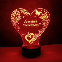 Love & Lights Szív alakú pillangó mintás 3D illúzió lámpa egyedi felirattal