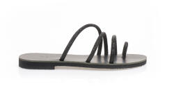 Tsoukalas Sandale negre lucrate manual din piele regenerată, cu barete multiple și design cu inel cu strasuri