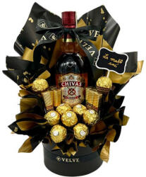 Aranjamente florale - Cosulet cadou Delice pentru barbati, cu pancarta si text "La Multi Ani! " Chivas Regal 12 YO, 9 praline Ferrero si 12 ciocolatele Merci