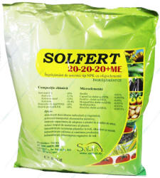 Solarex Solfert 20-20-20+ME 1 kg, ingrasamant foliar echilibrat tip NPK+ microelemente (Bor, Cupru, Fier, Mangan, Molibden, Zinc), stimuleaza dezvoltarea radiculara si vegetativa, imbunatateste calitatea si c