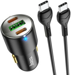 hoco. Incarcator Auto USB-A, 2xType-C, QC3.0, PD45W, 5A + Cablu Type-C 1m, Hoco (NZ6), Black