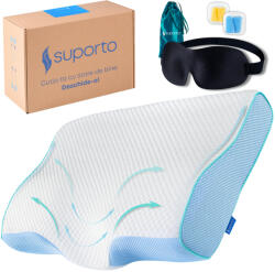 Suporto Set Perna Cervicala Suporto Aura Anatomica si Ortopedica Albastra + Masca de dormit 3D cu saculet Verde Smarald, pachet pentru ochi obositi si un somn confortabil