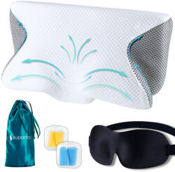 Suporto Set Perna Ortopedica Cervicala pentru dormit cu Extensii Negre + Masca de dormit Suporto 3D cu saculet Verde Smarald, pachet pentru ochi obositi si un somn odihnitor