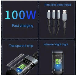 100W Szuper gyors 3 in 1 LED kijelzős mobiltelefon töltőkábel (100W-Charging-Cable)