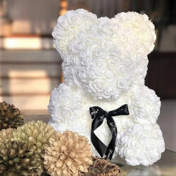 Aranjamente florale - Ursulet floral alb din trandafiri 40 cm, decorat manual, in cutie cadou Aranjament floral
