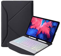 Triangular Leather bőr hatású fliptok bluetooth billentyűzettel és háttérvilágítással Lenovo Tab P11 TB-J606, Pad Plus TB-J607, fekete+fehér
