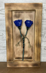  Kovácsoltvas csavart rózsapár BOROVI fenyőfa keretben - kék/zöld antik (B2KZA)