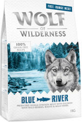 Wolf of Wilderness Wolf of Wilderness Preț special! 2 x 1 kg hrană uscată câini - Adult "Blue River" Pui crescut în aer liber & somon