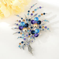  Platinával bevont exkluzív virágcsokor bross lila, pezsgőszínű és kék Swarovski kristályokkal (0222. ) (G500912E20Y)