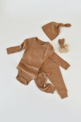 BabyCosy Set 3 piese: body cu maneca lunga, pantaloni lungi si caciulita din bumbac organic si modal - Maro BabyCosy (BC-CSYM22506)
