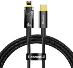  USB Type-C töltő- és adatkábel, Lightning, 100 cm, 2400 mA, 20W, gyorstöltés, cipőfűző minta, Baseus Explorer, CATS000001, fekete
