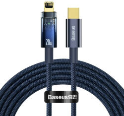 USB Type-C töltő- és adatkábel, Lightning, 200 cm, 2400 mA, 20W, gyorstöltés, cipőfűző minta, Baseus Explorer, CATS000103, sötétkék