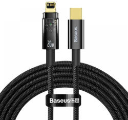 USB Type-C töltő- és adatkábel, Lightning, 200 cm, 2400 mA, 20W, gyorstöltés, cipőfűző minta, Baseus Explorer, CATS000101, fekete