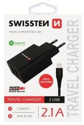 SWISSTEN Hálózati töltő adapter + lightning kábel, 2 USB port, Smart IC, 2.1 A, Fekete