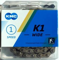 KMC K1 wide kerékpár lánc, 1s (1/8 col), 110 szem, patentszemmel, ezüst színű