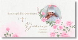 Personal Banner pentru botez cu fotografie - Pink Flowers Dimensiunea bannerului: 130 x 260 cm