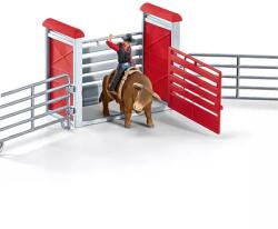 Schleich Farm World Cowboy călare pe un taur într-un corral (41419)