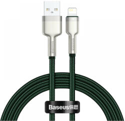  USB töltő- és adatkábel, Lightning, 100 cm, 2400 mA, törésgátlóval, gyorstöltés, cipőfűző minta, Baseus Cafule Metal, CALJK-A06, sötétzöld