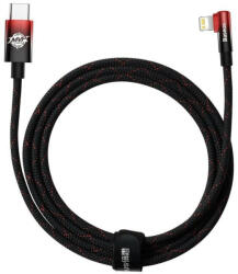 USB Type-C töltő- és adatkábel, Lightning, 200 cm, 2400mA, 20W, gyorstöltés, 90 fokos/derékszögű, cipőfűző minta, Baseus MVP 2, CAVP000320, fekete/piros