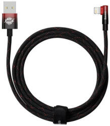 USB töltő- és adatkábel, Lightning, 200 cm, 2400mA, 20W, gyorstöltés, 90 fokos/derékszögű, cipőfűző minta, Baseus MVP 2, CAVP000120, fekete/piros