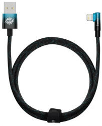 USB töltő- és adatkábel, Lightning, 100 cm, 2400mA, 20W, gyorstöltés, 90 fokos/derékszögű, cipőfűző minta, Baseus MVP 2, CAVP000021, fekete/kék